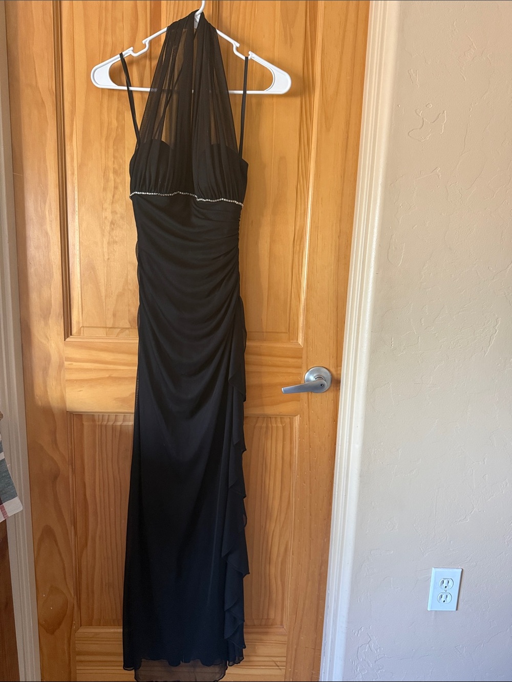 Blondie Nites Black Halter Prom Gown with Sheer Detail